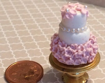 Dollhouse Miniature Food - polymer clay white & pink wedding cake