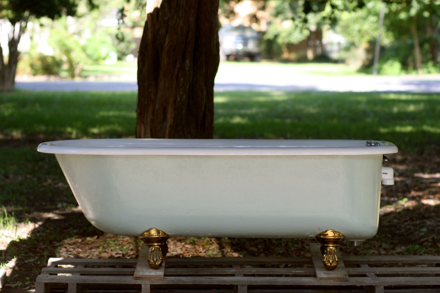 Antique 1892 67 Inch Brass Feet Refinished Green Blue & White Cast Iron