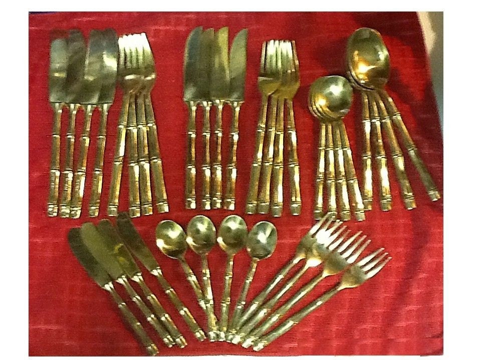 Vintage Gold Tone Bamboo Flatware Set Tiki THAI Mandarin Design 36 pc