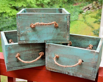 Set of 3 Handmade Rustic Solid Wood Box with Rustic Teal Finish and Rope Handles.