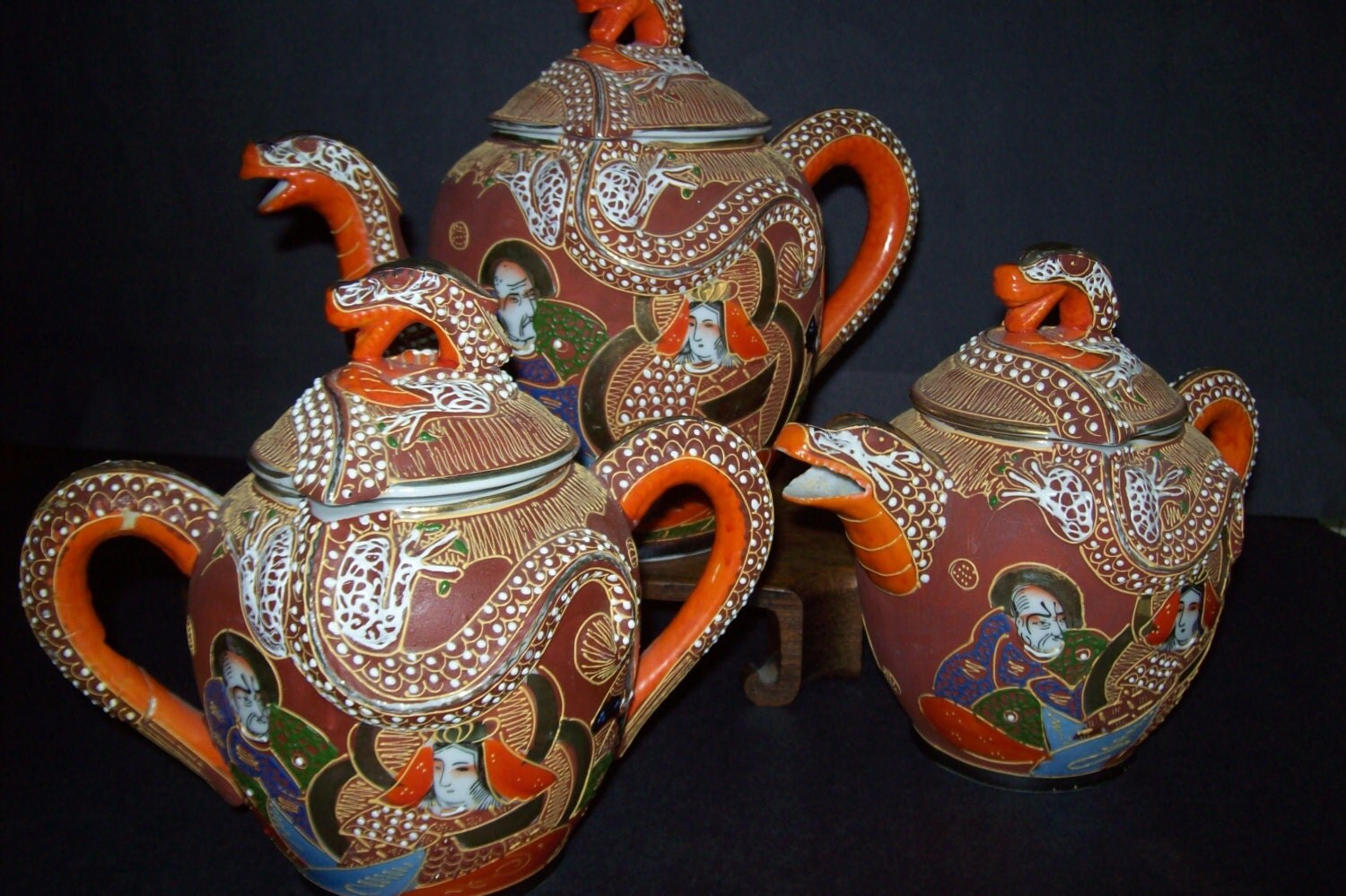 Vintage Japanese Satsuma Moriage Teapot Sugar Creamer