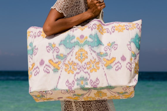 Extra Large Beach Bag, Bali Ikat Weave, White