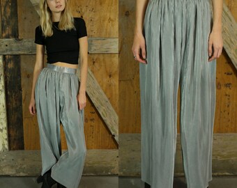 SILVER PLEATED PANTS Rare Unique 70s 80s High Waisted Wide Legged Trousers Metallic Size Extra Small xs