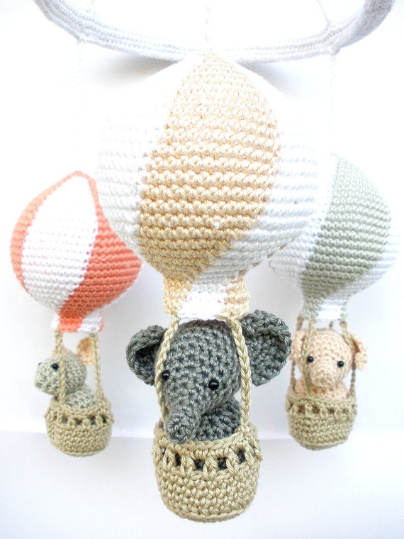 Baby Girl Nursery Mobile with Hot Air Balloons in Peach Coral and Gray by Crochetonatree