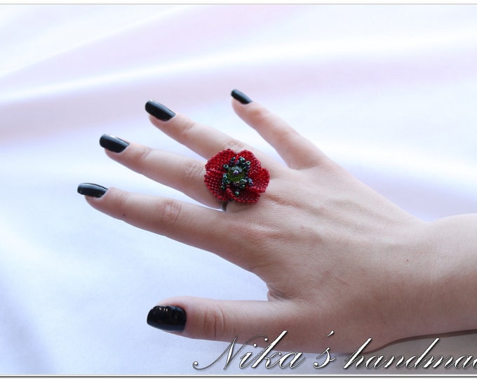 Beaded Red Poppy Ring - Red Flower - Ukrainian jewelry - artificial poppy - seed bead floral ring - everyday lucite ring