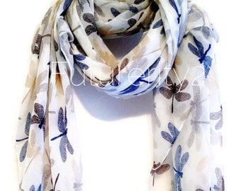 Dragonfly Off White Autumn / Spring Summer Scarf / Gift For Her / Women Scarves / Fashion Accessories