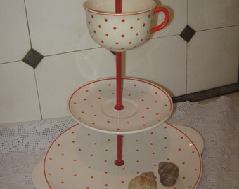 lovely vintage etagere in polka funny orange-red with dots, upcycled