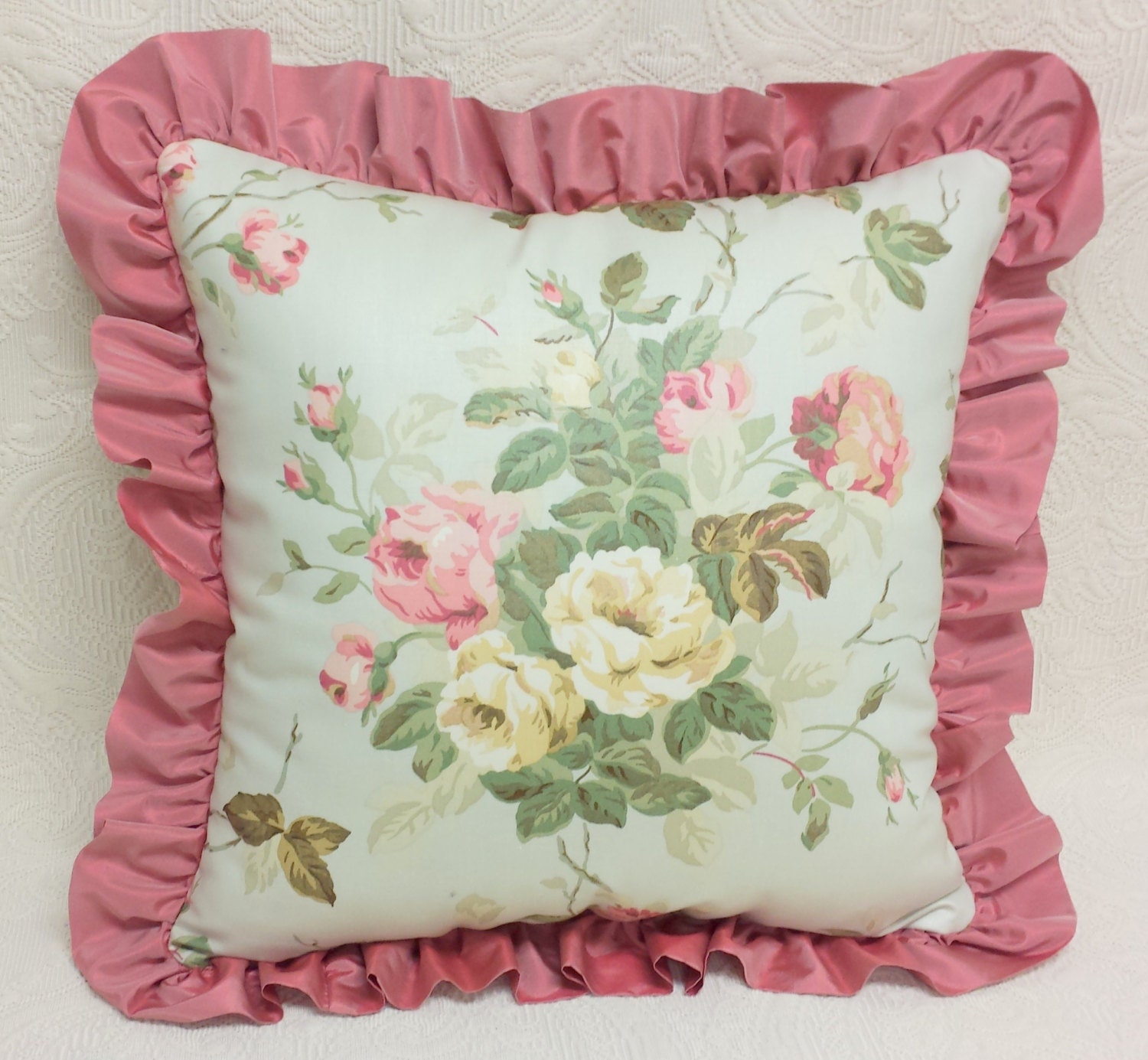 Rose Floral Chintz Throw Pillow with silk ruffle in mint sage