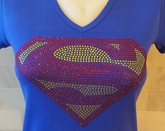 Super Hero Superman Rhinestone Design on a Fitted Scoop Neck, V-Neck, Crew Neck or Tank Top Women's Bling-A-Tee Bling Tee Shirt