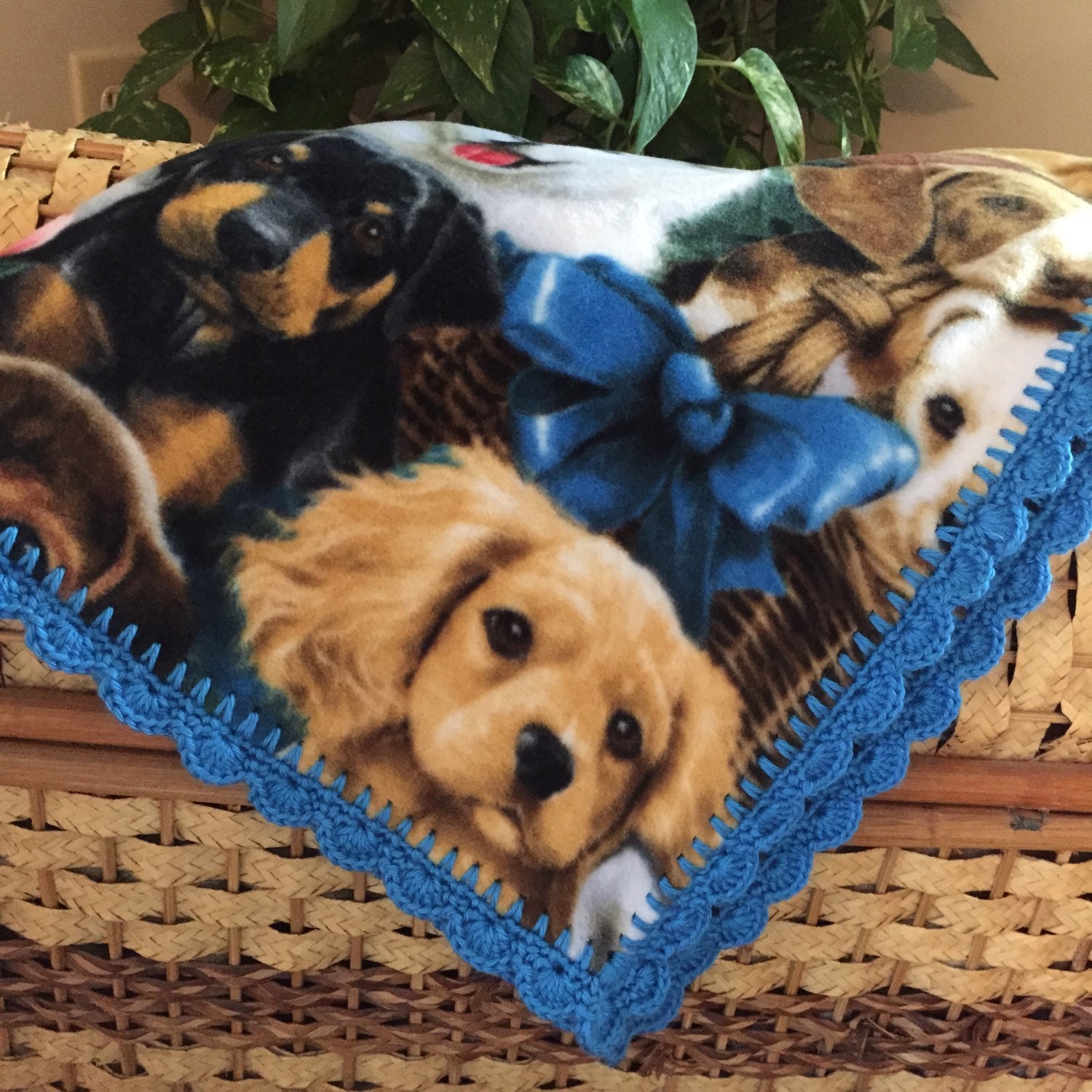 Puppies fleece blanket with hand crochet edging