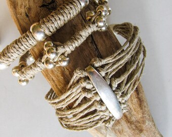 Boho Cuff Bracelet, Multi strand Hemp Cord Bracelet with Large Silver Bead, Summer Fiber Bracelet, Stylish Boho chic Jewelry, Gift for Her