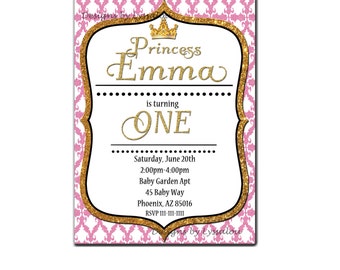 Princess Invitation, Princess Birthday Invitation, Gold and Pink, Princess Party Invitation, Glitter Invitation, Damask, First Birthday, DIY