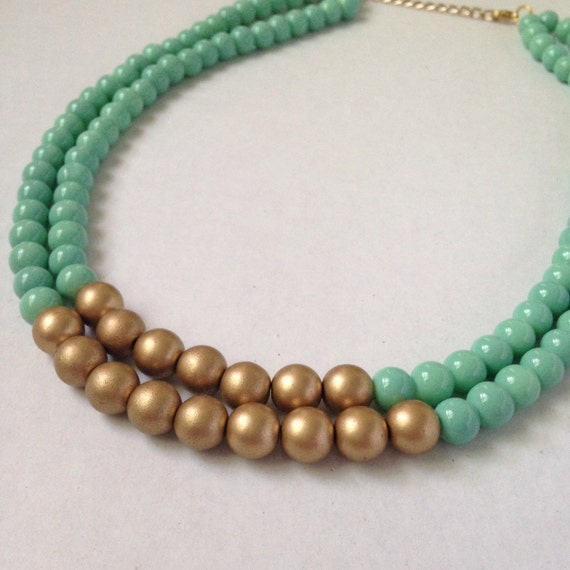 Aqua and Gold Statement Necklace Gold and Mint Necklace