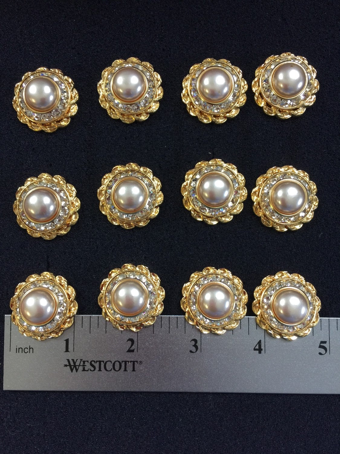 12 Vintage Pearl Buttons Gold or Silver. Czech Rhinestone