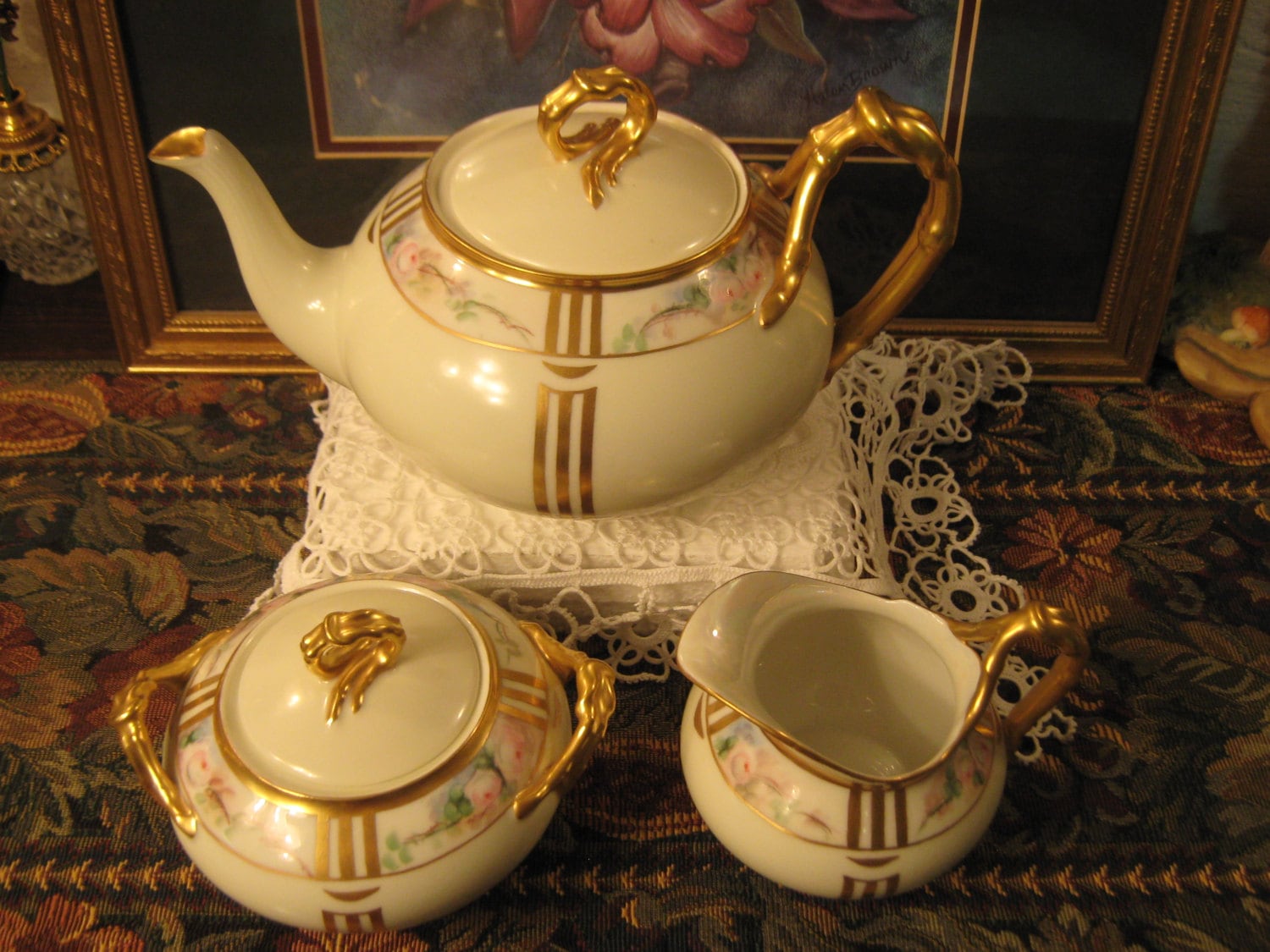 J.P.L. Limoges France Hand painted Teapot Sugar Bowl