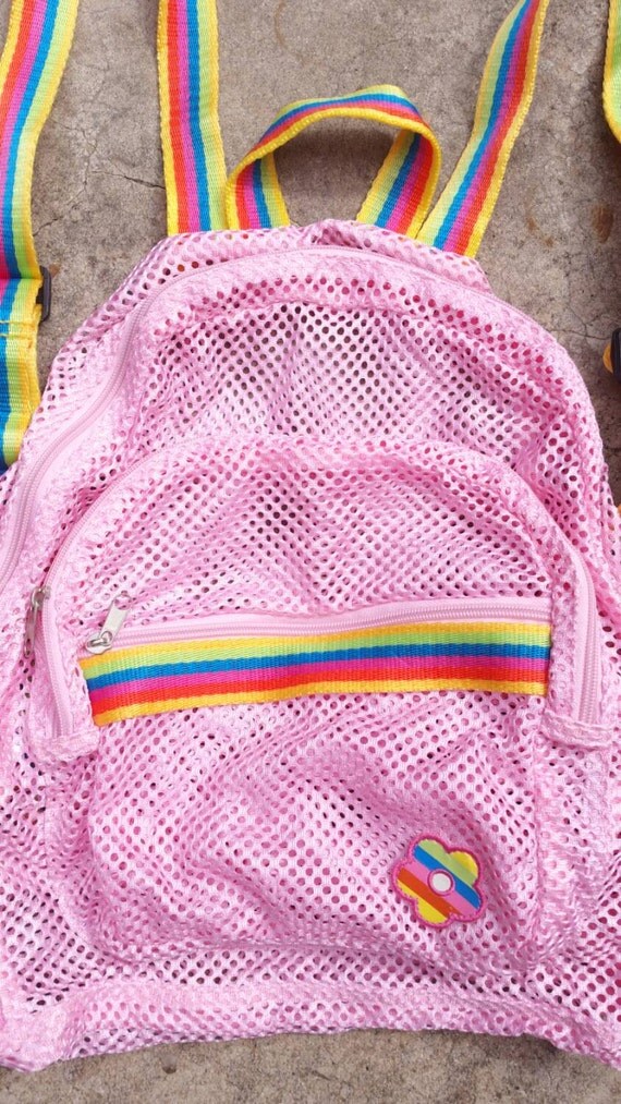 90s Vintage Pink Mesh Backpack Big Rave Rainbow Festival Bag