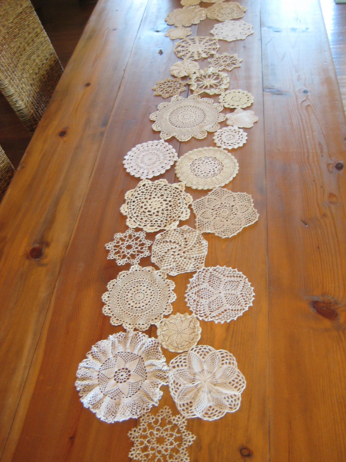 Crocheted Doily Table Runner Vintage Neutral Colors Made