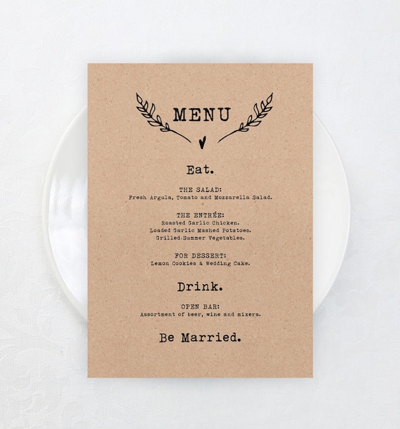 Printable Rustic Wedding Menu Card Template by KarlyKDesignShop