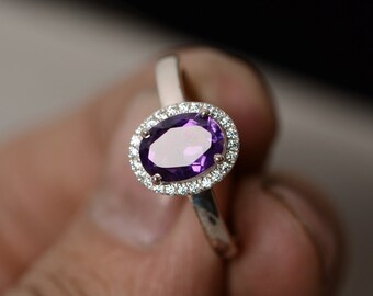 Natural Amethyst Ring Oval Purple Gemstone Ring Sterling Silver February Birthstone Ring
