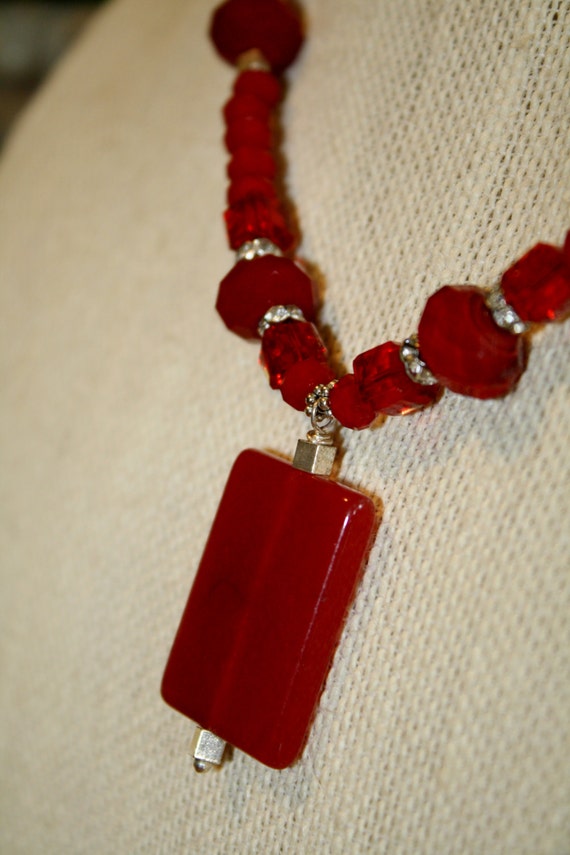 Items similar to Cherry Red crystal and stone necklace with accents of