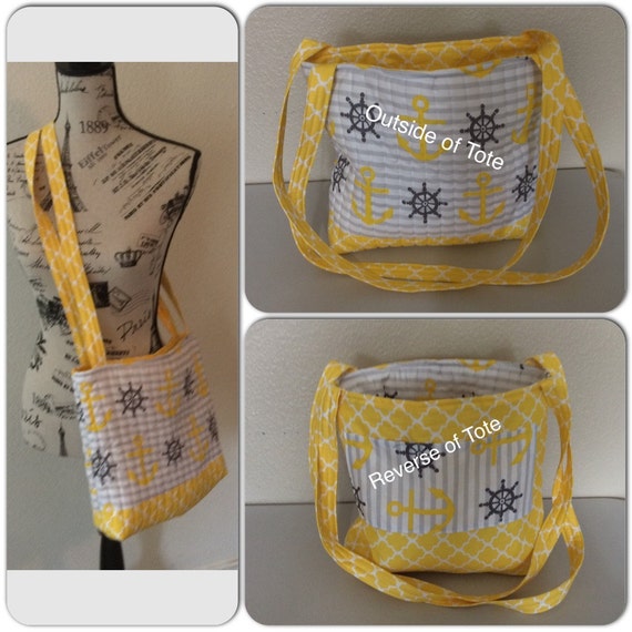 Handmade Quilted Reversible Tote Bag In Yellow Grey and White Anchors ...