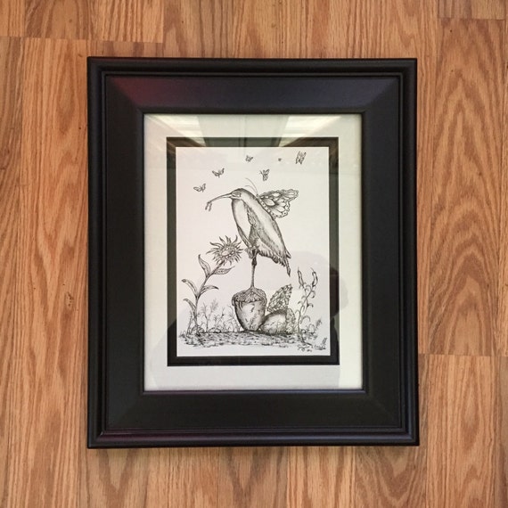 Original Pen and Ink Drawing Framed Wall Art of Egret