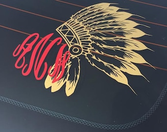 Indian Headdress Monogram Decal Sticker - Indian Chief - Tribal Sticker - Car Decal
