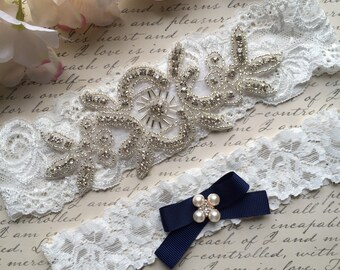 Navy blue garter,Wedding Garter , bridal garter, wedding lace garter,Ivory Lace Garter, Tossing Garter , Keepsake Garter