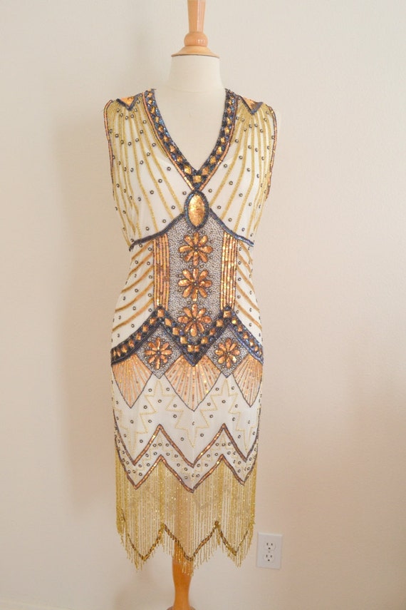 1920s Style GATSBY Ivory Gold Iridescent Beaded FLAPPER