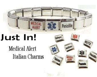 Medical Alert Italian Charm Bracelet Penicillin Epilepsy Diabetes Asthma Nuts Peanuts