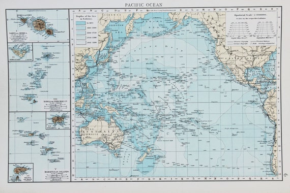 1900 Antique Times Map Pacific Ocean Communications Routes