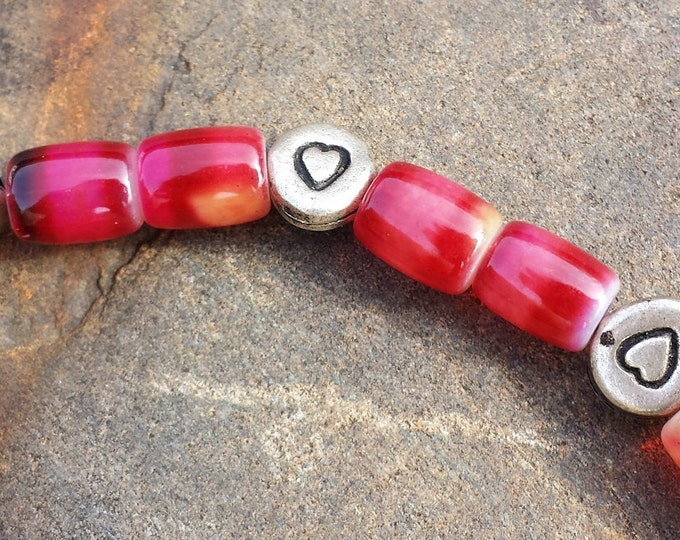 Red Italian Glass Beaded Bracelet with Antique Silver Hearts ~ Personalized Gift to Say I Love You to Girlfriend, Lover, Wife, Mom, Bestie