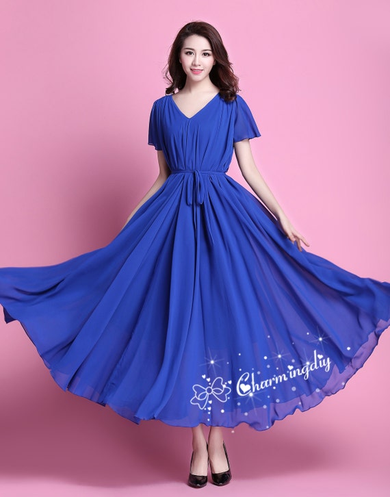 60 Colors Double Chiffon Blue Long Party Dress Short Sleeve