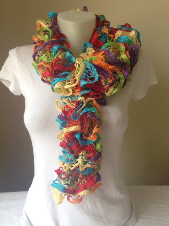 Knitted Scarf in Orange GreenPurpleRed and Blue by Yellowcrochet