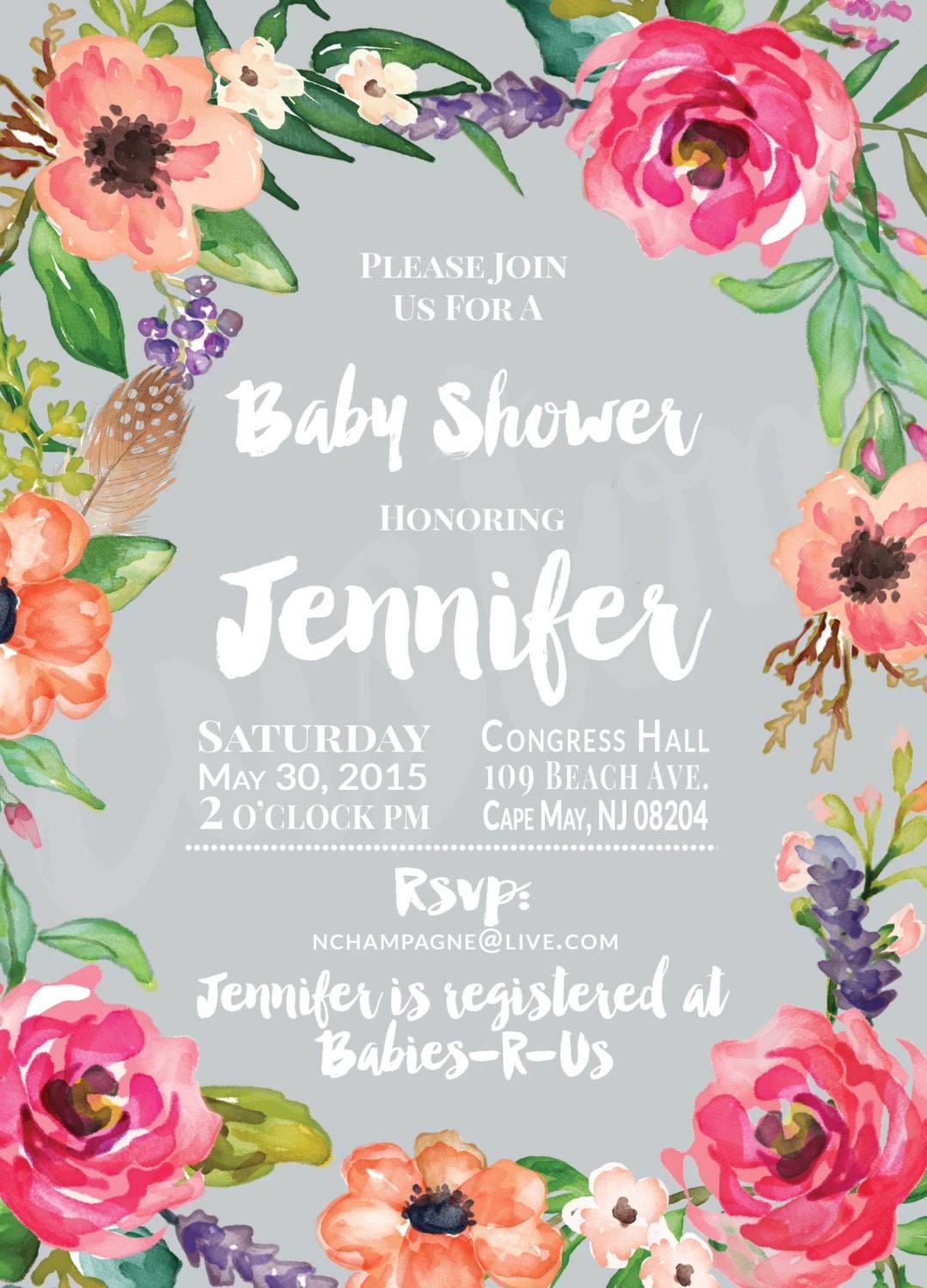 Gray Floral Border Baby Shower Invitation by ChampagneCelebration