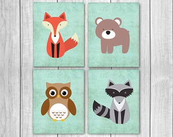 75% OFF SALE Woodland Nursery Decor (Set of Four 8x10s) - Fox Nursery Art, Bear, Owl, Raccoon, Nursery Wall Decor, Woodland Creatures