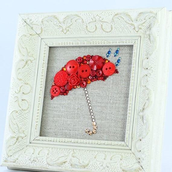 Framed Button Art Red Umbrella Umbrella by PaintedWithButtons