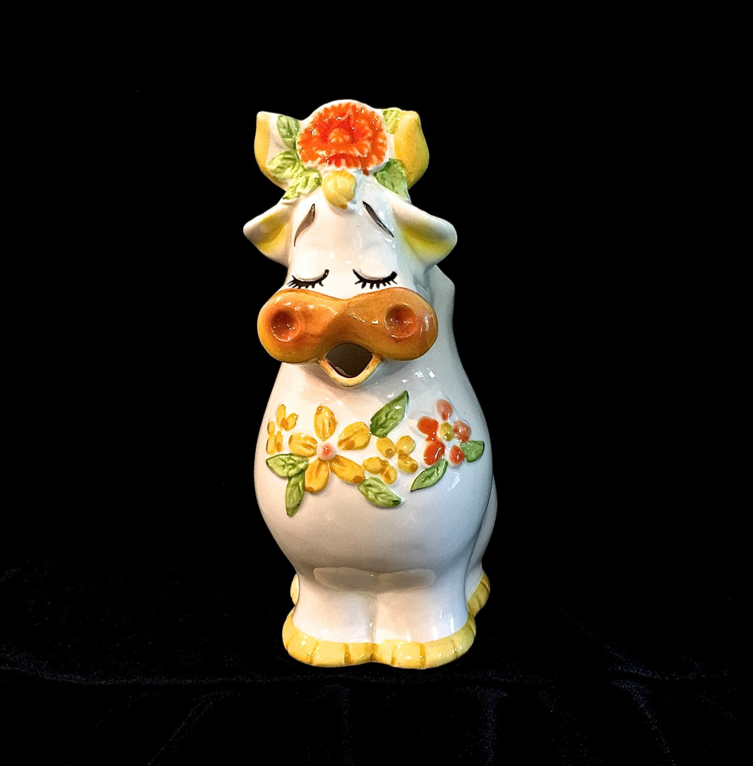 Vintage Lefton Daisy Cow Milk Pitcher 8 inches Red and