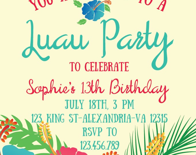 Luau Invitation Birthday Party. Hawaiian party invitation. Hawaiian birthday. Luau Party. Printable invitation.