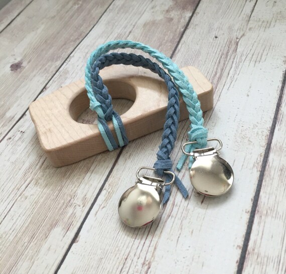 Braided Leather Paci / Teether Clip in Steel Blue and Aqua