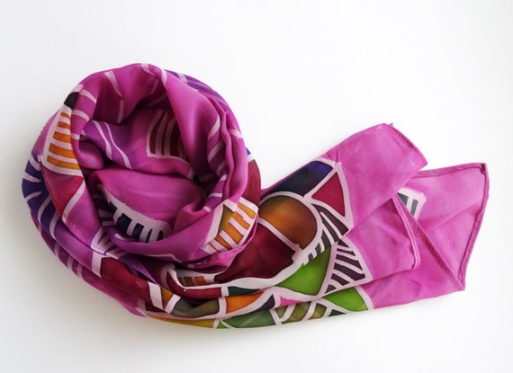 Pink Batik silk scarf Geometric silk chiffon scarf unique