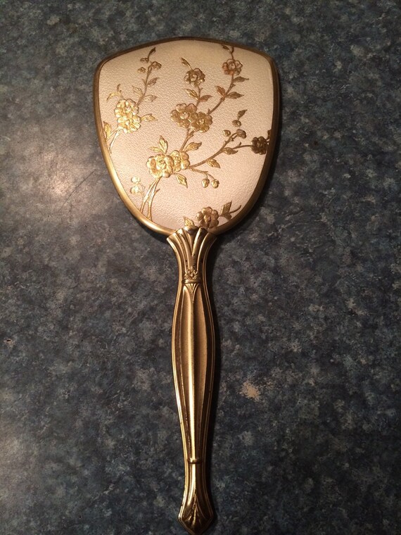 Vintage 50s Gold & Cream Hand Held Mirror by SimplyNew on Etsy