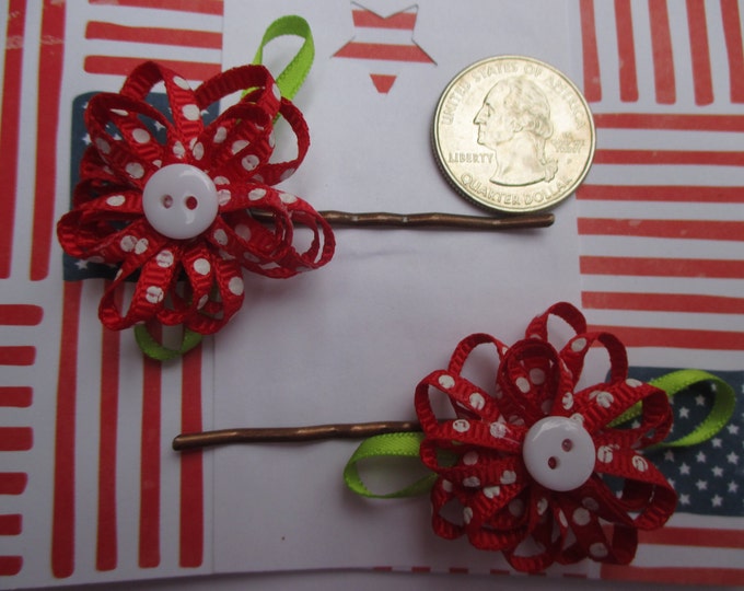 Red polka dot hair clips-Little girls hair accessories-Kids hair pins-toddlers gifts-4th of july Childrens barrettes-flower Button bobby pin