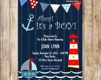 Navy Nautical Baby Shower Invitation, Ahoy It's A Boy Digital Invite, Navy Baby Boy Shower, Sailor, Anchor Baby, Lighthouse, DIY Printable