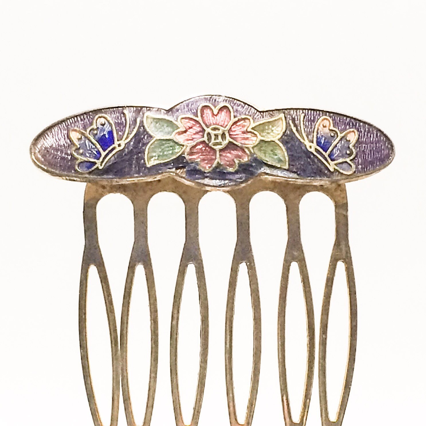 Vintage Cloisonné Hair Comb, Brass, Multicolor glass enamel. 15/8″ W