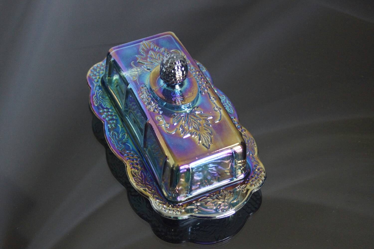 Harvest Grape Carnival Glass Butter Dish in iridescent Amethyst