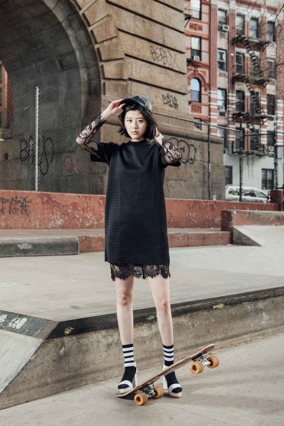 3D Neoprene rivets dress / One piece / Black / rivets / Minimalist