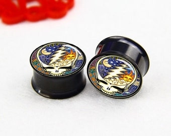 Flower skull ear plugs, plugs gauges, handmade ear plugs, Black Titanium ear plugs, screw on ear plugs, Screw Ear Gauges, Plugs Tunnel gauge