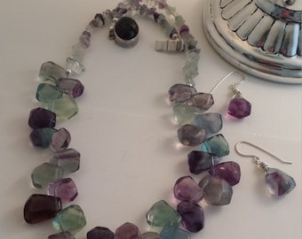 Rainbow Fluorite Necklace Set Bold Statement Gemstone Jewelry Purple Green Blue Sterling Amethyst Clasp Faceted Women Gift for Her lgbstyles