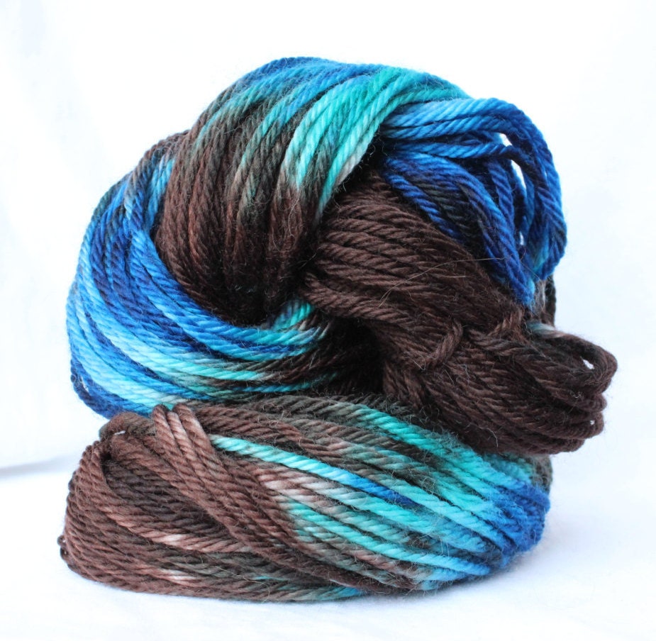 Hand Dyed Yarn Brown / blue / aqua variegated 100 superwash